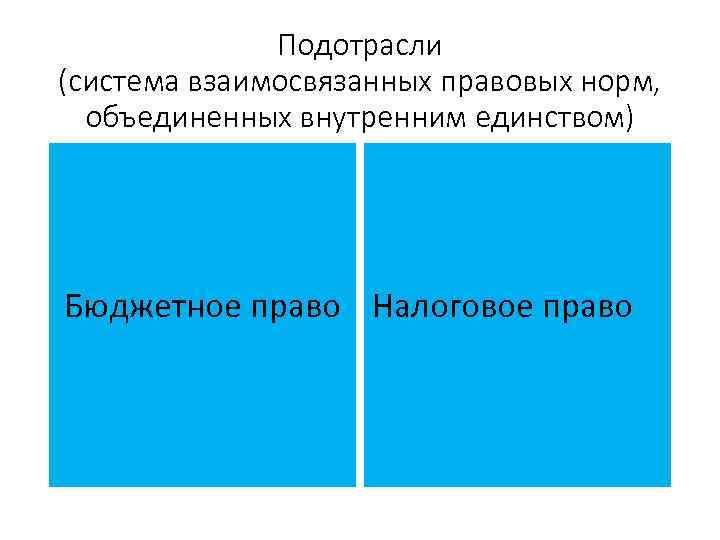 Подотрасли (система взаимосвязанных правовых норм, объединенных внутренним единством) Бюджетное право Налоговое право 