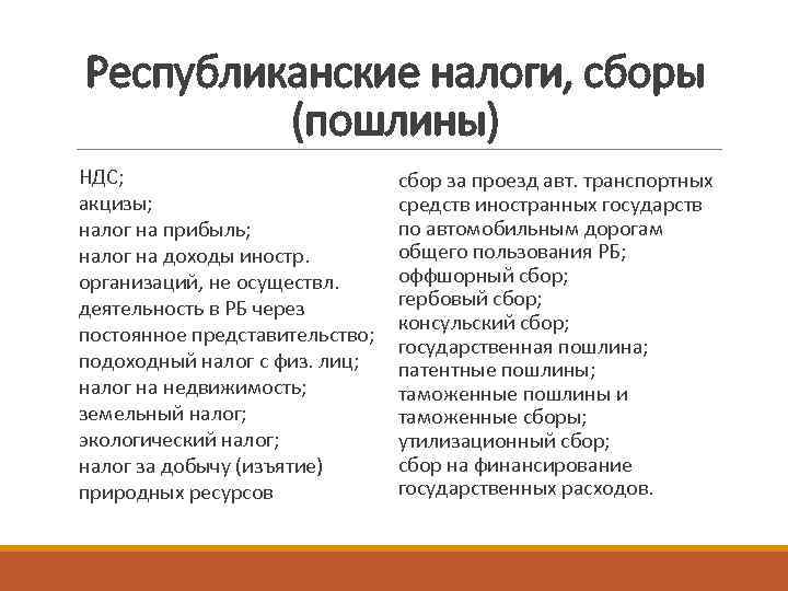 Республиканские налоги, сборы (пошлины) НДС; акцизы; налог на прибыль; налог на доходы иностр. организаций,