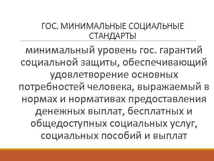 ГОС. МИНИМАЛЬНЫЕ СОЦИАЛЬНЫЕ СТАНДАРТЫ минимальный уровень гос. гарантий социальной защиты, обеспечивающий удовлетворение основных потребностей