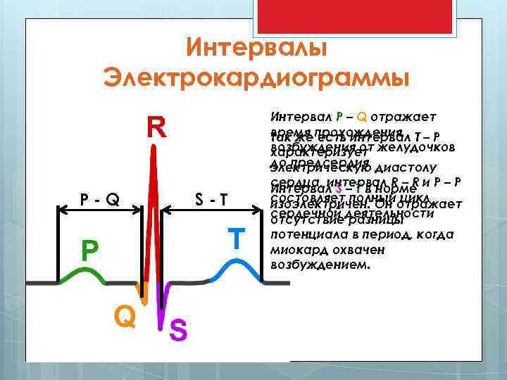 Интервалы Электрокардиограммы Интервал P – Q отражает время прохождения T – Р Так же