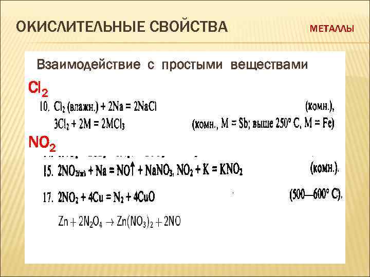 ОКИСЛИТЕЛЬНЫЕ СВОЙСТВА Взаимодействие с простыми веществами Cl 2 NO 2 МЕТАЛЛЫ 