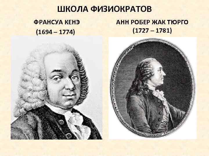 ШКОЛА ФИЗИОКРАТОВ ФРАНСУА КЕНЭ (1694 – 1774) АНН РОБЕР ЖАК ТЮРГО (1727 – 1781)