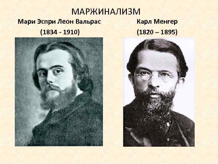 МАРЖИНАЛИЗМ Мари Эспри Леон Вальрас (1834 - 1910) Карл Менгер (1820 – 1895) 