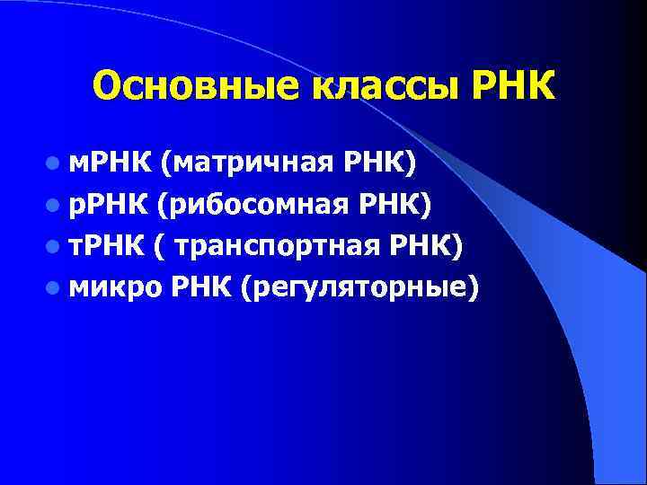 Основные классы РНК l м. РНК (матричная РНК) l р. РНК (рибосомная РНК) l