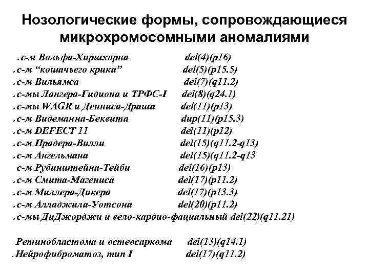 Нозологические формы, сопровождающиеся микрохромосомными аномалиями. с-м Вольфа-Хиршхорна del(4)(p 16). с-м “кошачьего крика” del(5)(p 15.