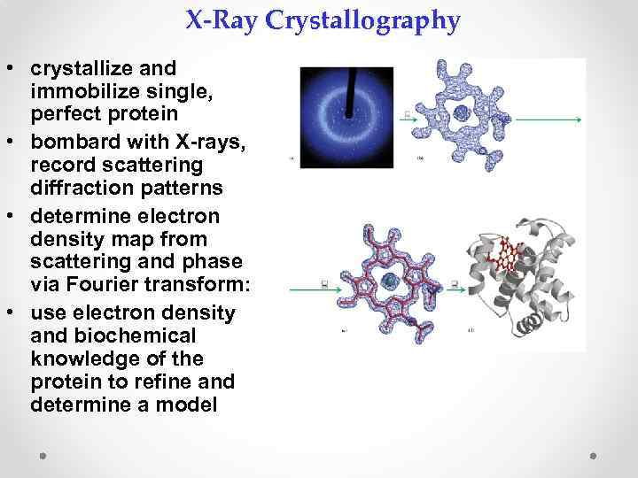 X-Ray Crystallography • crystallize and immobilize single, perfect protein • bombard with X-rays, record