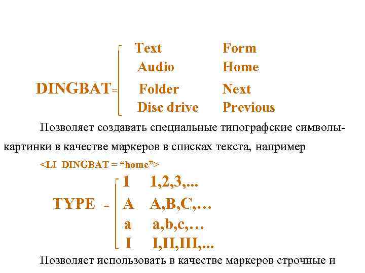 Text Audio DINGBAT= Form Home Folder Disc drive Next Previous Позволяет создавать специальные типографские
