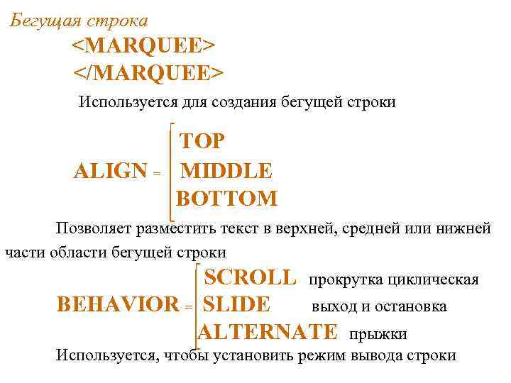Бегущая строка <MARQUEE> </MARQUEE> Используется для создания бегущей строки ALIGN = TOP MIDDLE BOTTOM