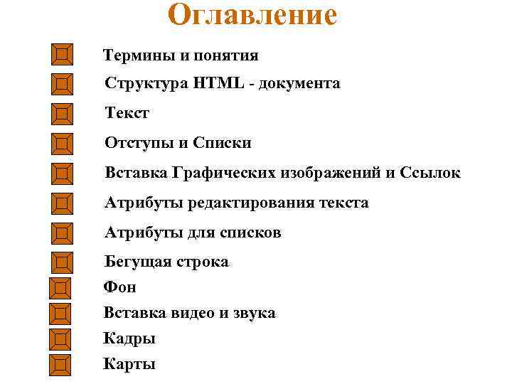 Оглавление Термины и понятия Структура HTML - документа Текст Отступы и Списки Вставка Графических