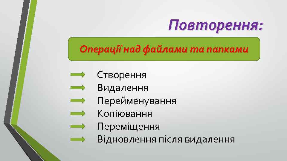 Повторення: Операції над файлами та папками Створення Видалення Перейменування Копіювання Переміщення Відновлення після видалення