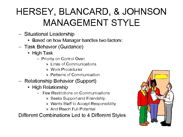 HERSEY, BLANCARD, & JOHNSON MANAGEMENT STYLE – Situational Leadership • Based on how Manager