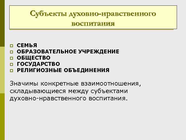 Субъекты духовно-нравственного воспитания p p p СЕМЬЯ ОБРАЗОВАТЕЛЬНОЕ УЧРЕЖДЕНИЕ ОБЩЕСТВО ГОСУДАРСТВО РЕЛИГИОЗНЫЕ ОБЪЕДИНЕНИЯ Значимы