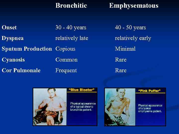 Bronchitic Emphysematous Onset 30 - 40 years 40 - 50 years Dyspnea relatively late
