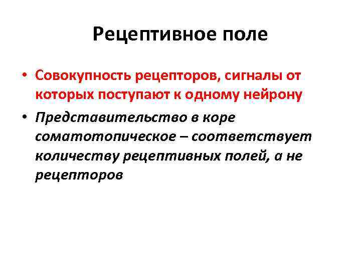 Рецептивное поле • Совокупность рецепторов, сигналы от которых поступают к одному нейрону • Представительство