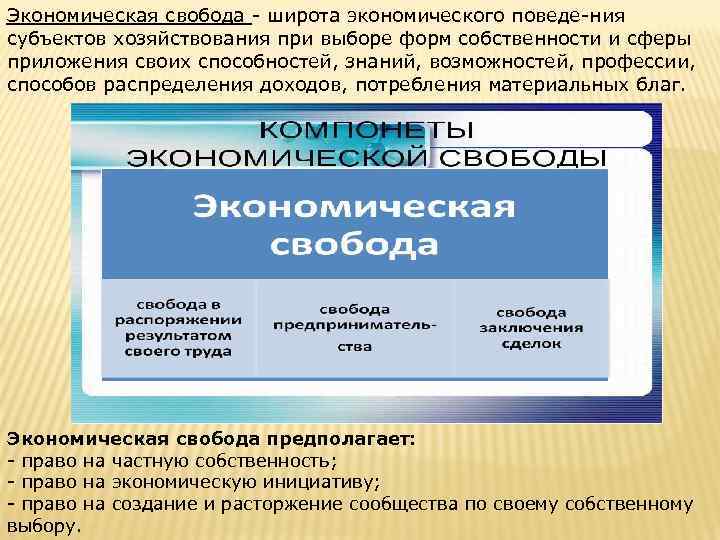 Экономическая свобода широта экономического поведе ния субъектов хозяйствования при выборе форм собственности и сферы
