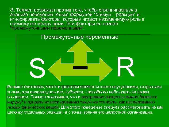 Э. Толмен возражал против того, чтобы ограничиваться в анализе поведения только формулой "стимул –