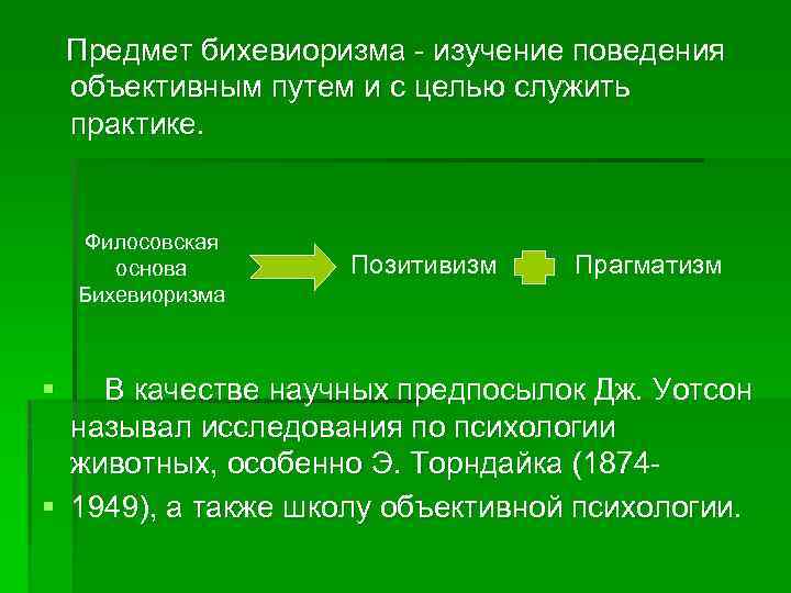 Предмет бихевиоризма - изучение поведения объективным путем и с целью служить практике. Филосовская основа