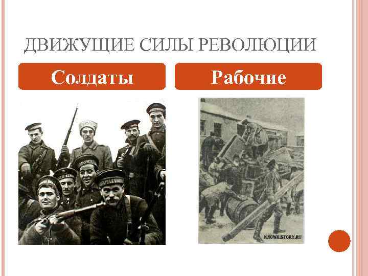 ДВИЖУЩИЕ СИЛЫ РЕВОЛЮЦИИ Солдаты Рабочие 