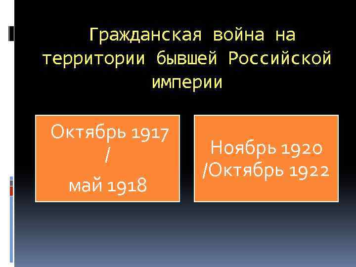 Гражданская война на территории бывшей Российской империи Октябрь 1917 / май 1918 Ноябрь 1920