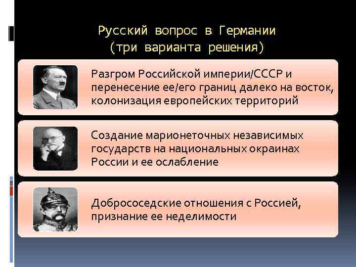 Русский вопрос в Германии (три варианта решения) Разгром Российской империи/СССР и перенесение ее/его границ