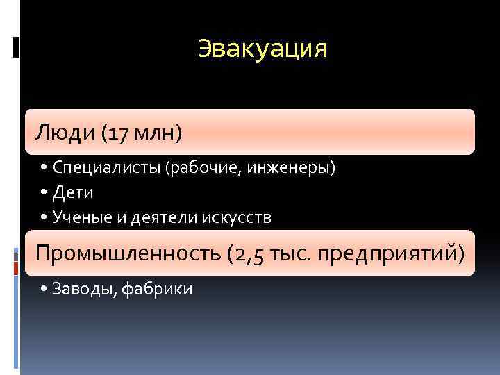 Эвакуация Люди (17 млн) • Специалисты (рабочие, инженеры) • Дети • Ученые и деятели