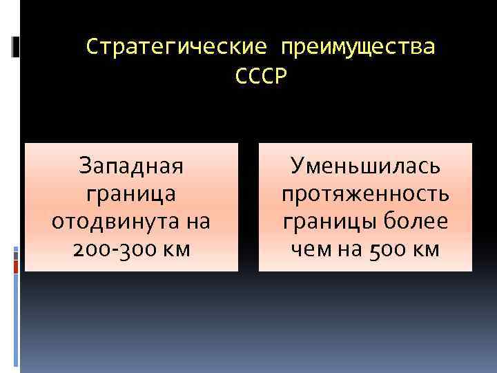 Стратегические преимущества СССР Западная граница отодвинута на 200 -300 км Уменьшилась протяженность границы более