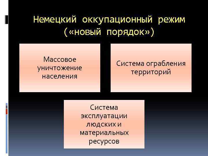 Немецкий оккупационный режим ( «новый порядок» ) Массовое уничтожение населения Система ограбления территорий Система
