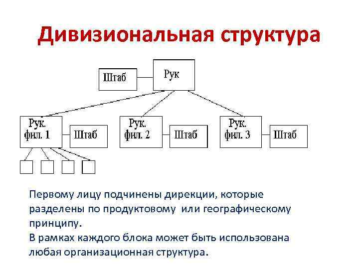 Дивизиональная структура Первому лицу подчинены дирекции, которые разделены по продуктовому или географическому принципу. В