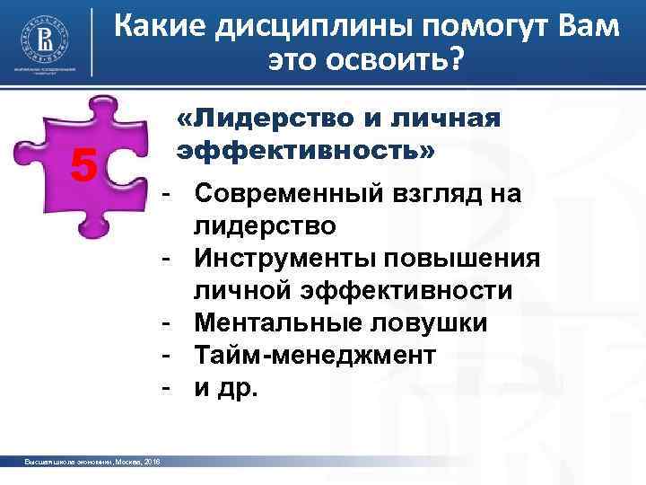 Какие дисциплины помогут Вам это освоить? 5 Высшая школа экономики, Москва, 2016 «Лидерство и