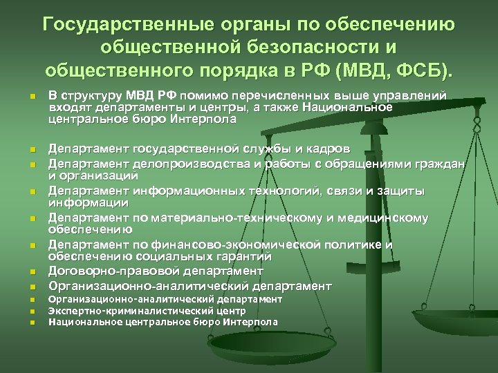 Государственные органы по обеспечению общественной безопасности и общественного порядка в РФ (МВД, ФСБ). n