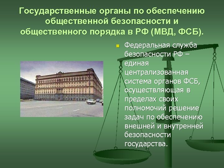 Государственные органы по обеспечению общественной безопасности и общественного порядка в РФ (МВД, ФСБ). n