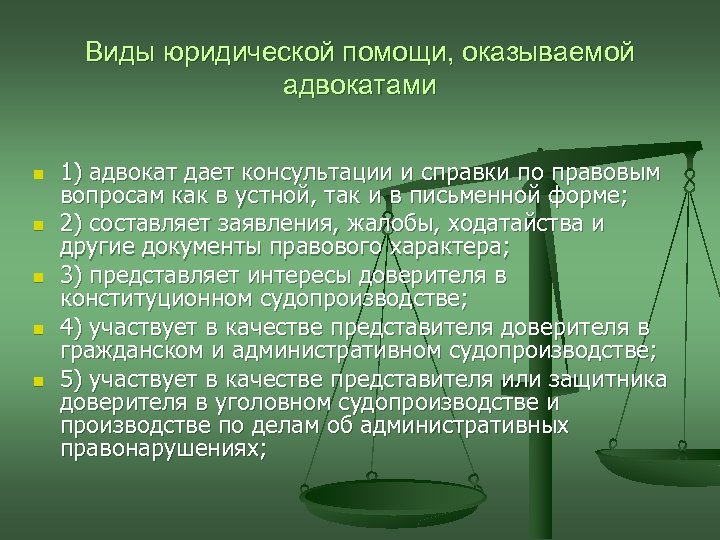 Виды юридической помощи, оказываемой адвокатами n n n 1) адвокат дает консультации и справки