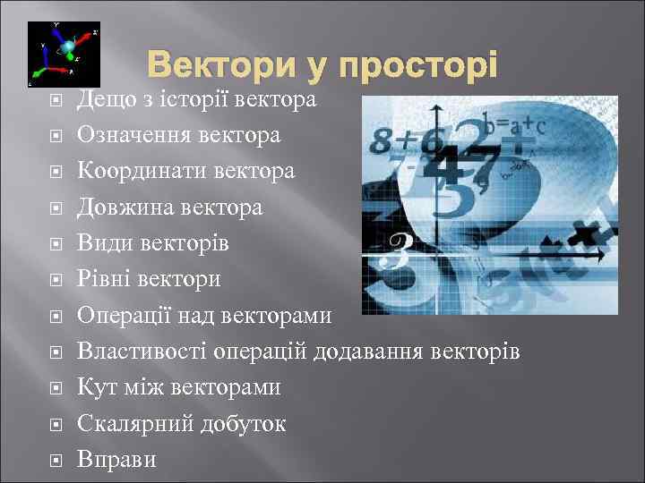 Вектори у просторі Дещо з історії вектора Означення вектора Координати вектора Довжина вектора Види