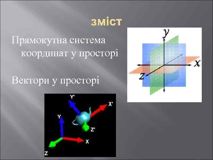 зміст Прямокутна система координат у просторі Вектори у просторі 