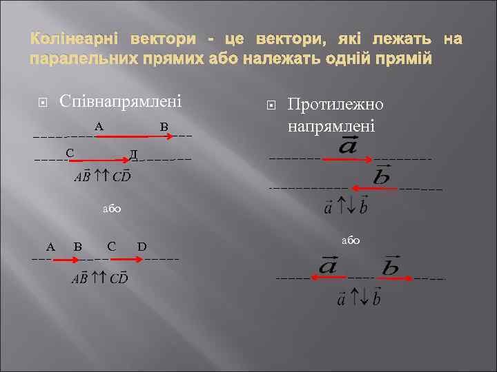 Колінеарні вектори - це вектори, які лежать на паралельних прямих або належать одній прямій