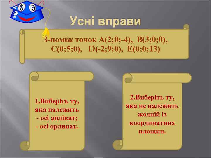 Усні вправи З-поміж точок А(2; 0; -4), В(3; 0; 0), С(0; 5; 0), D(-2;