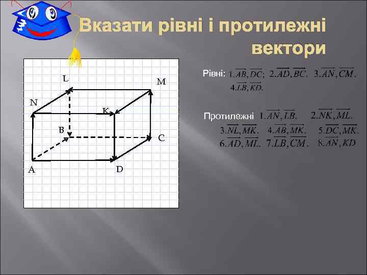 Вказати рівні і протилежні вектори N A L M Рівні: B K C D