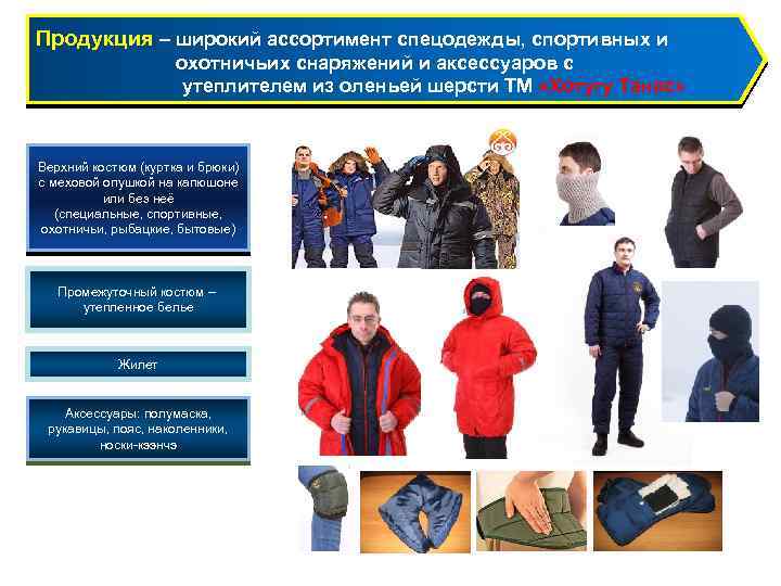 Продукция – широкий ассортимент спецодежды, спортивных и охотничьих снаряжений и аксессуаров с утеплителем из