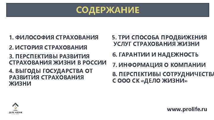СОДЕРЖАНИЕ 1. ФИЛОСОФИЯ СТРАХОВАНИЯ 2. ИСТОРИЯ СТРАХОВАНИЯ 3. ПЕРСПЕКТИВЫ РАЗВИТИЯ СТРАХОВАНИЯ ЖИЗНИ В РОССИИ