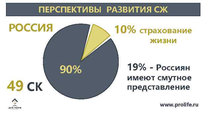 ПЕРСПЕКТИВЫ РАЗВИТИЯ СЖ РОССИЯ 10% страхование жизни 90% 49 СК 19% - Россиян имеют