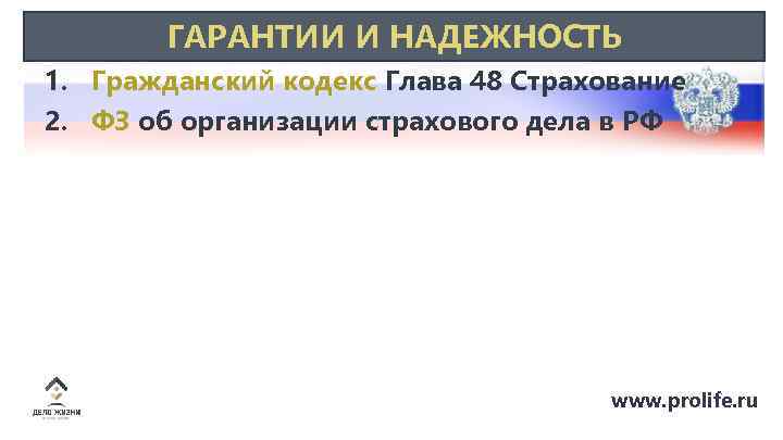 ГАРАНТИИ И НАДЕЖНОСТЬ 1. Гражданский кодекс Глава 48 Страхование 2. ФЗ об организации страхового
