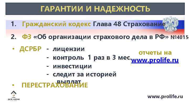 ГАРАНТИИ И НАДЕЖНОСТЬ 1. Гражданский кодекс Глава 48 Страхование 2. ФЗ «Об организации страхового
