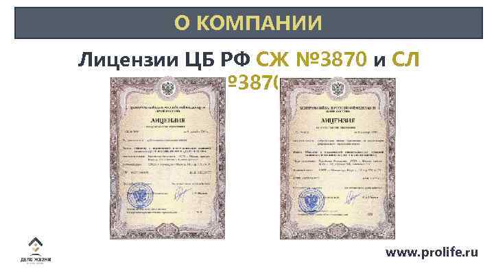 О КОМПАНИИ Лицензии ЦБ РФ СЖ № 3870 и СЛ № 3870 www. prolife.