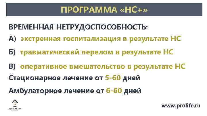 ПРОГРАММА «НС+» ВРЕМЕННАЯ НЕТРУДОСПОСОБНОСТЬ: А) экстренная госпитализация в результате НС Б) травматический перелом в