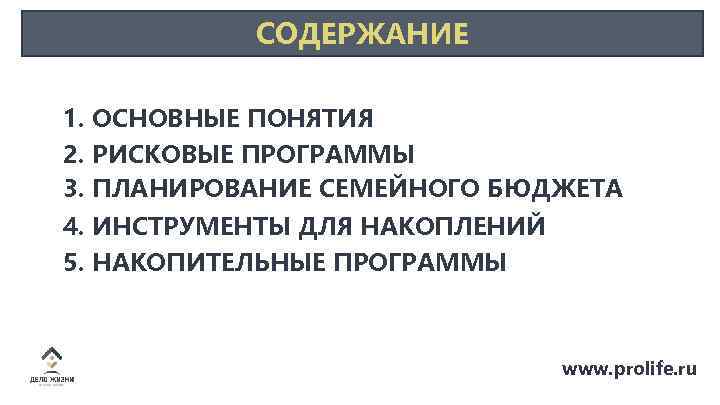 СОДЕРЖАНИЕ 1. ОСНОВНЫЕ ПОНЯТИЯ 2. РИСКОВЫЕ ПРОГРАММЫ 3. ПЛАНИРОВАНИЕ СЕМЕЙНОГО БЮДЖЕТА 4. ИНСТРУМЕНТЫ ДЛЯ