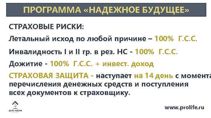 ПРОГРАММА «НАДЕЖНОЕ БУДУЩЕЕ» СТРАХОВЫЕ РИСКИ: Летальный исход по любой причине – 100% Г. С.