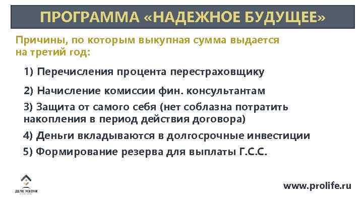 ПРОГРАММА «НАДЕЖНОЕ БУДУЩЕЕ» Причины, по которым выкупная сумма выдается на третий год: 1) Перечисления