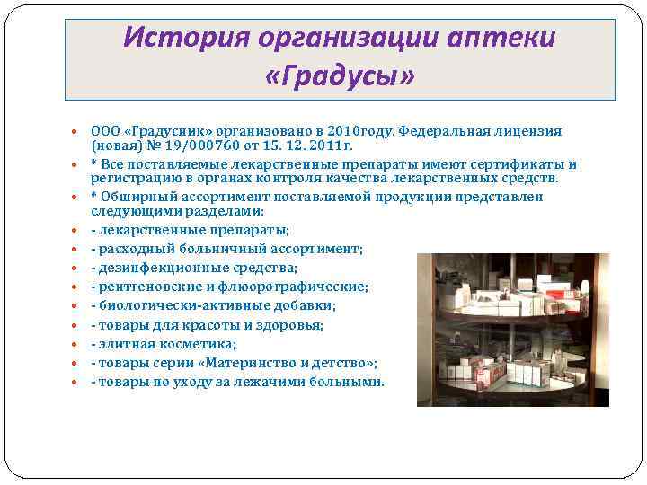 История организации аптеки «Градусы» ООО «Градусник» организовано в 2010 году. Федеральная лицензия (новая) №