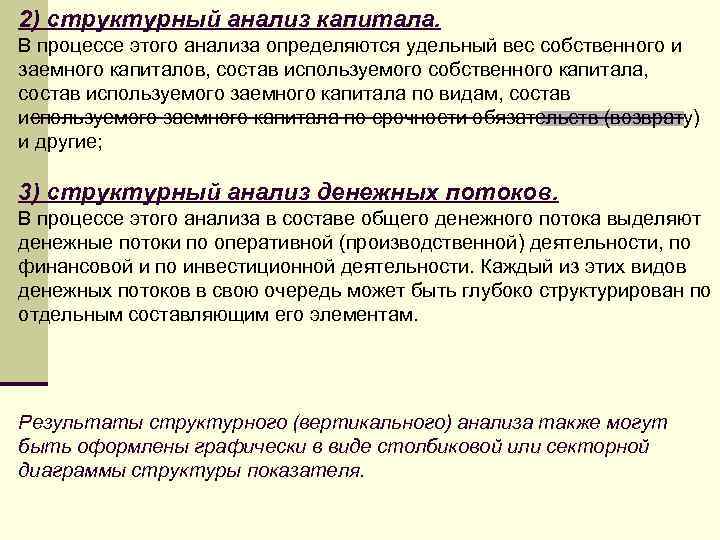 2) структурный анализ капитала. В процессе этого анализа определяются удельный вес собственного и заемного