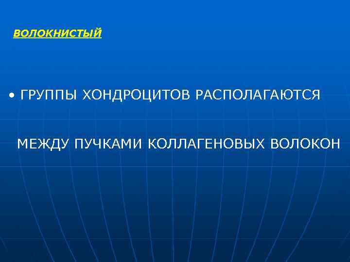 ВОЛОКНИСТЫЙ • ГРУППЫ ХОНДРОЦИТОВ РАСПОЛАГАЮТСЯ МЕЖДУ ПУЧКАМИ КОЛЛАГЕНОВЫХ ВОЛОКОН 